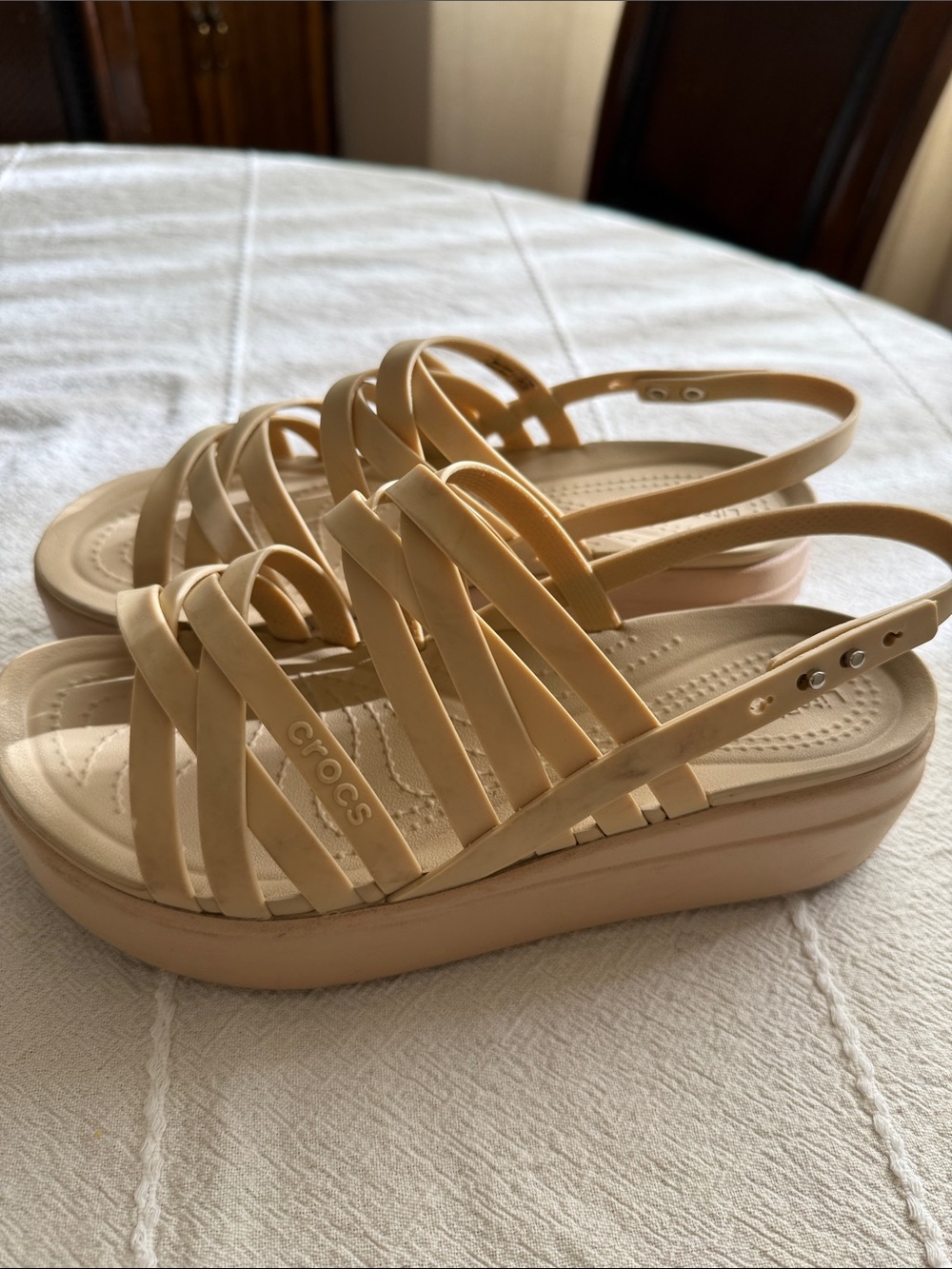 CROCS Women's Strappy Platform Sandals in Light Beige